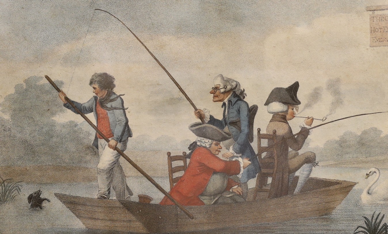 Henry William Bunbury (1750-1811), hand coloured stipple engraving, 'Patience in a Punt', overall 27 x 37cm